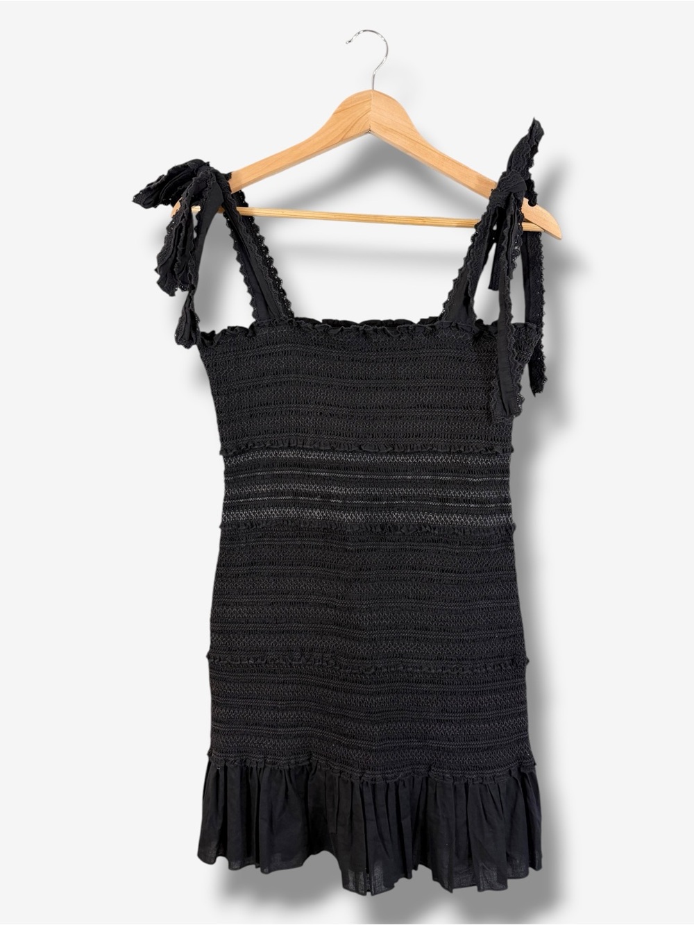 Chelsea & Violet Black Smocked Mini Dress Size L Lace Trim Tie Strap Party Club